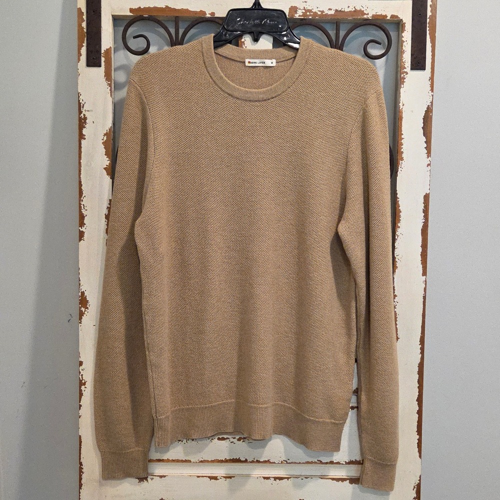 Marine Layer Mens Tan Cotton Merino Wool Blend Textured Crewneck Sweater Medium